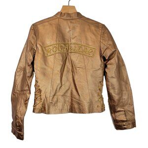 Rocawear Vintage Moto Jacket Gold Leather Chain Back Logo Chain‎ Side Tie Size S